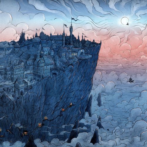 Fantasy city on cliff at dusk with glowing lanterns by Rino Pelli