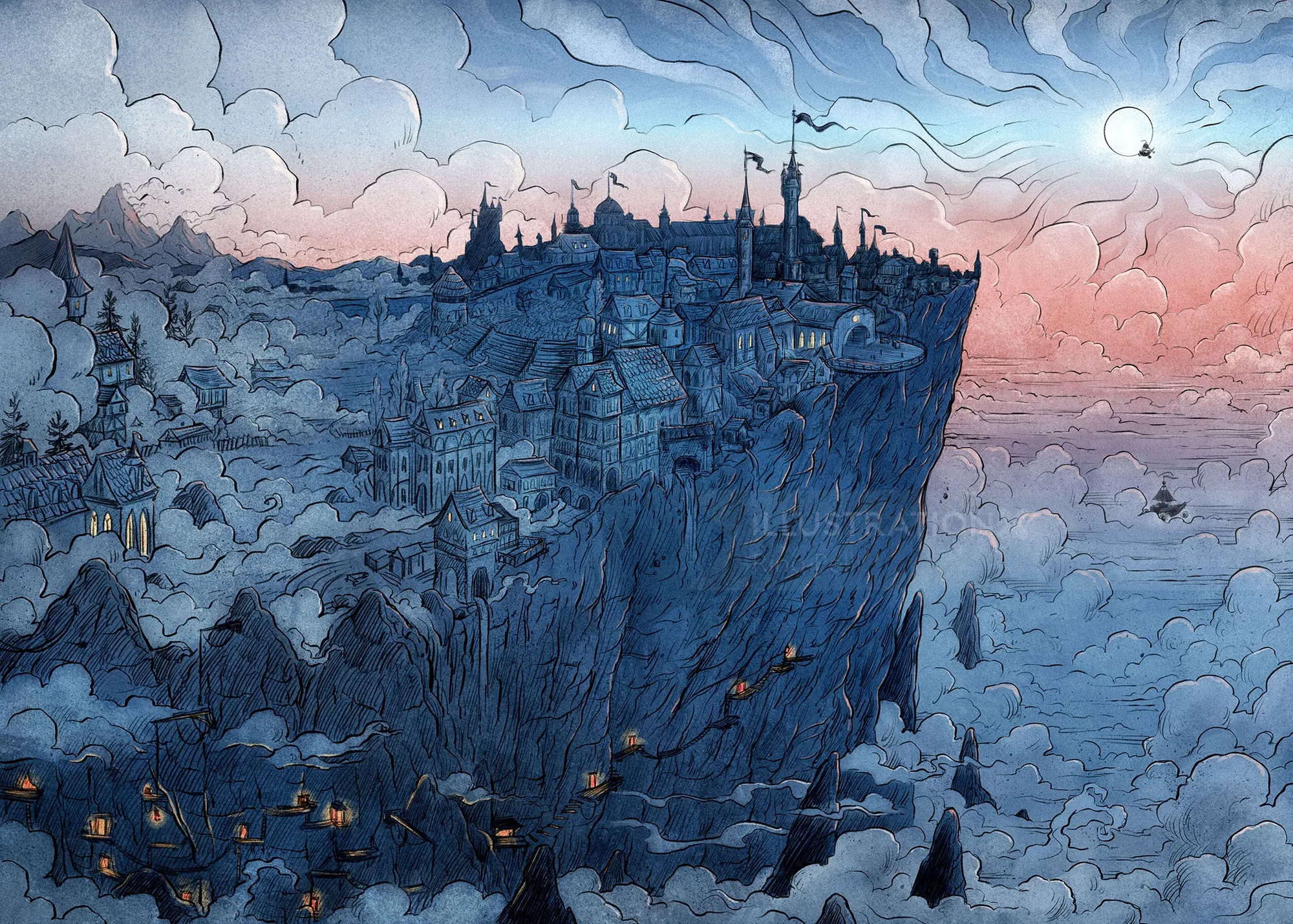 Fantasy city on cliff at dusk with glowing lanterns by Rino Pelli