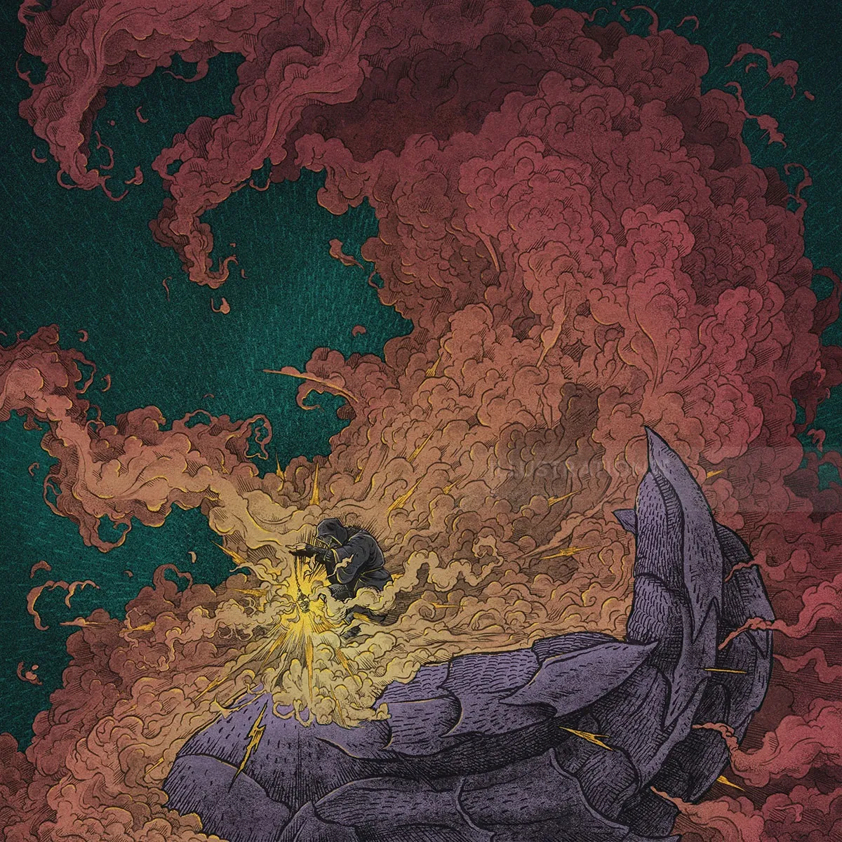 Rino Pelli 光り輝く渦巻く煙の中から現れる翼のある生き物のイラスト