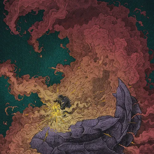 Rino Pelli 光り輝く渦巻く煙の中から現れる翼のある生き物のイラスト