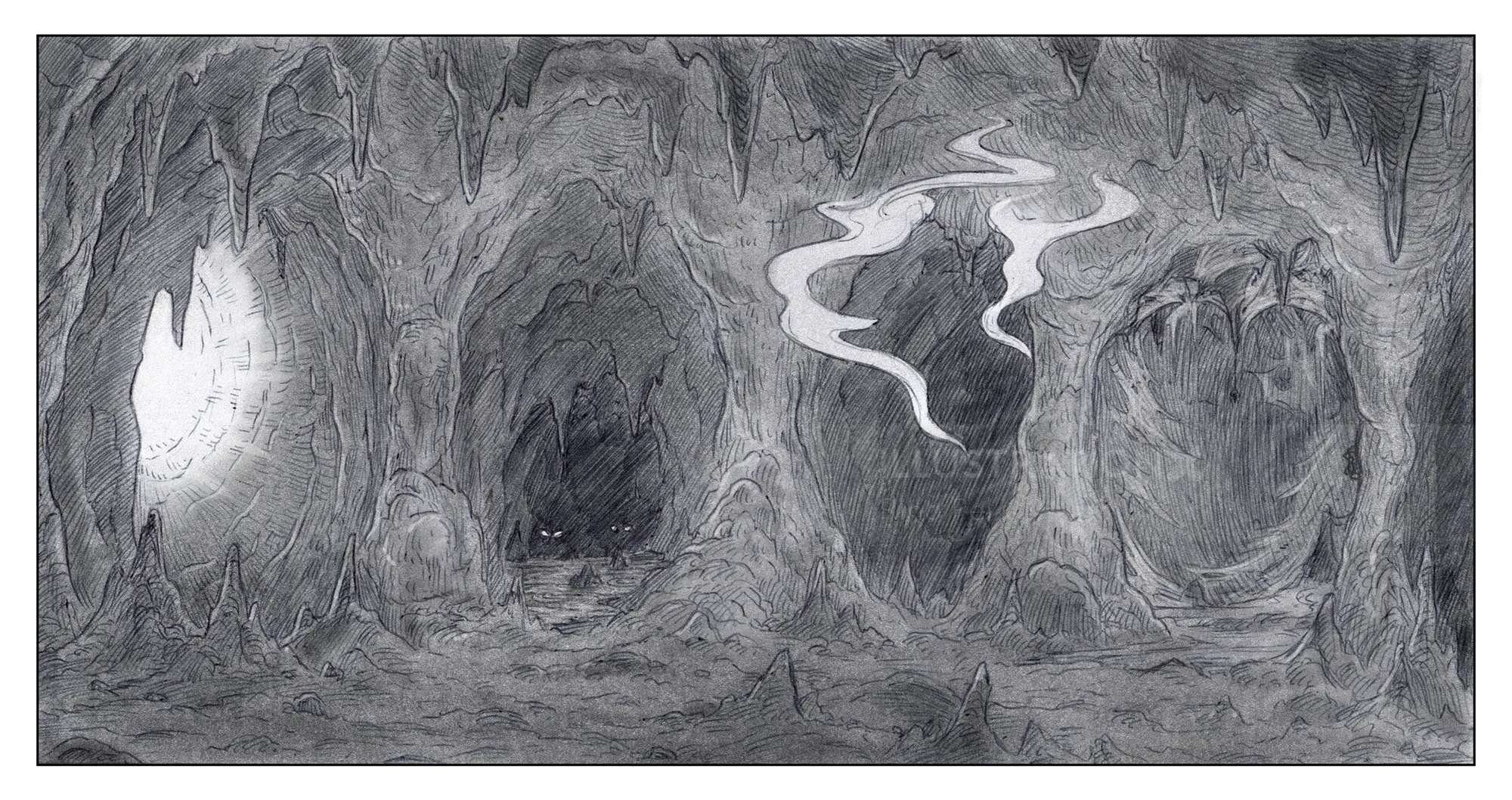 煙と光が描かれたモノクロの洞窟風景イラスト（作者：Rino Pelli）