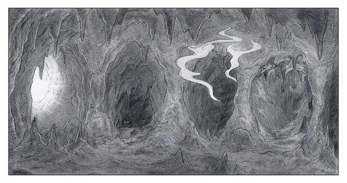煙と光が描かれたモノクロの洞窟風景イラスト（作者：Rino Pelli）