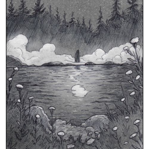 Grayscale moonlit lake illustration by Rino Pelli with a lone figure