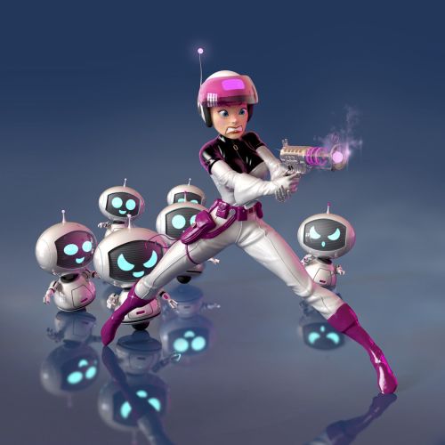 Futuristic girl with glowing gadget and five small robots by RIVE GAUCHE