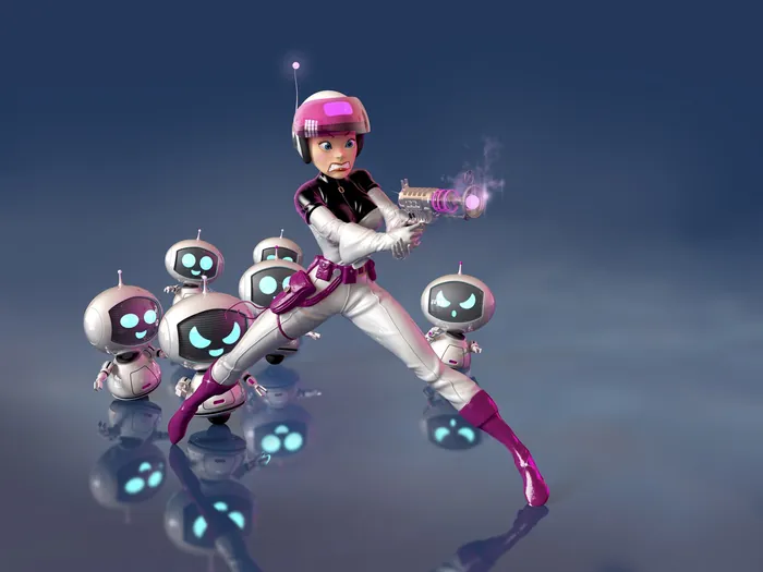 Futuristic girl with glowing gadget and five small robots by RIVE GAUCHE