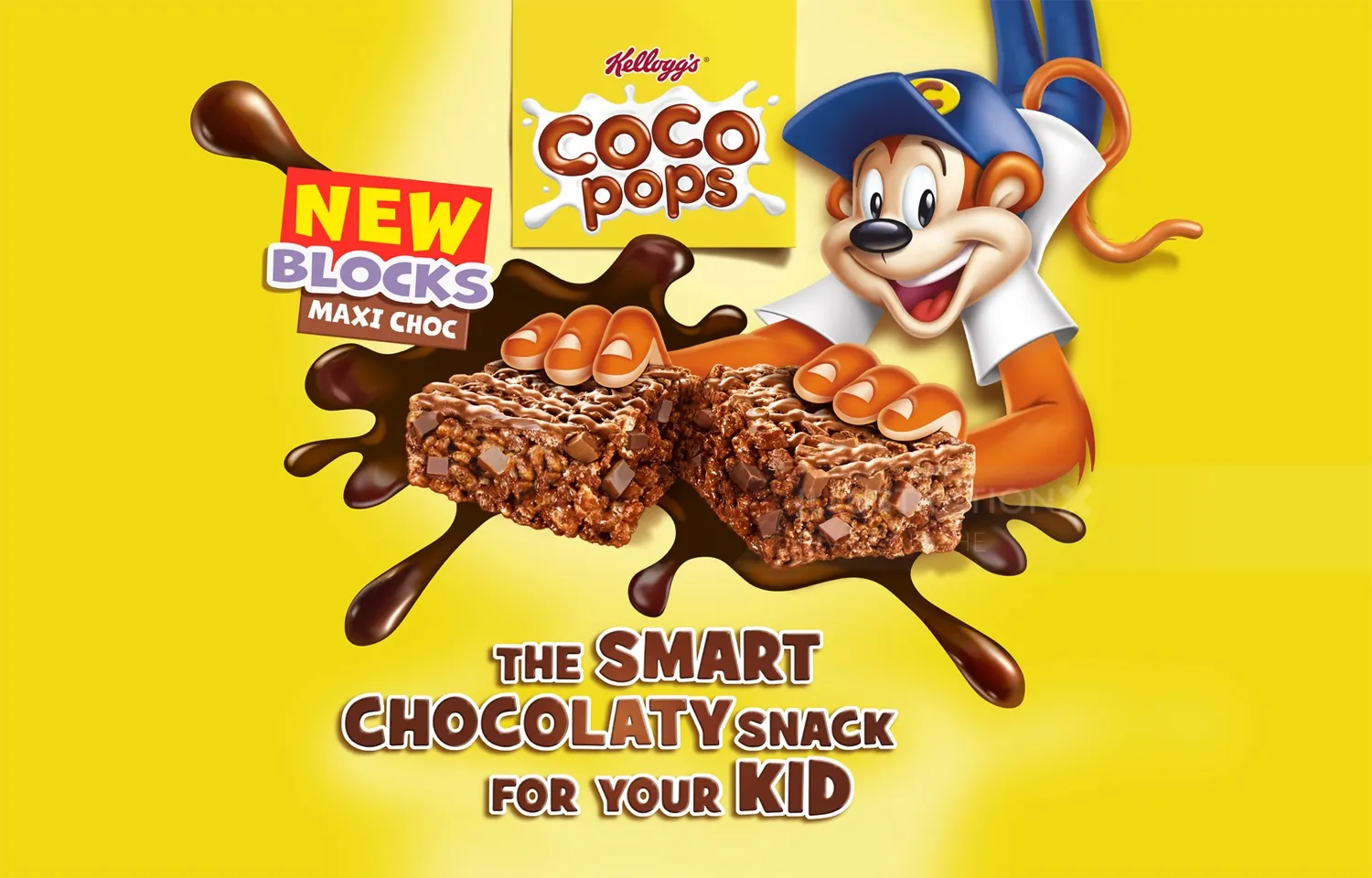 Kellogg's Coco Pops chocolate snack bar with mascot on yellow background by RIVE GAUCHE