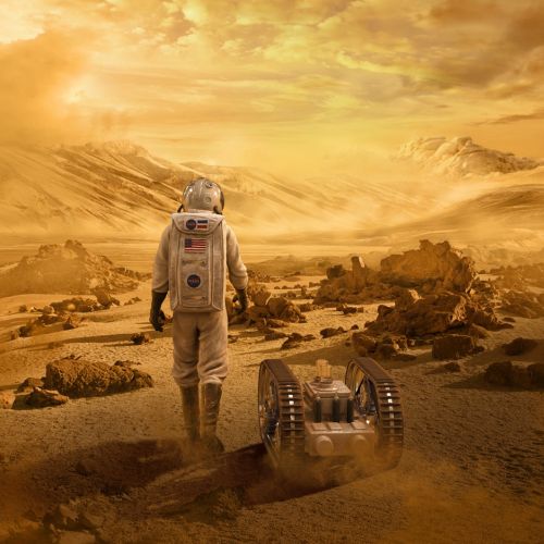 Astronaut walking on Mars with robotic rover under yellow sky by RIVE GAUCHE