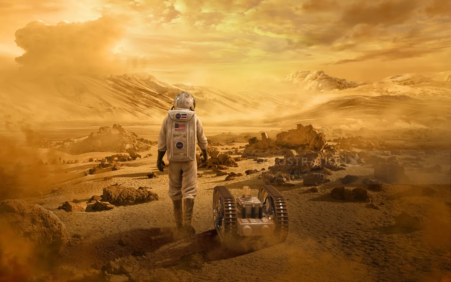 Astronaut walking on Mars with robotic rover under yellow sky by RIVE GAUCHE