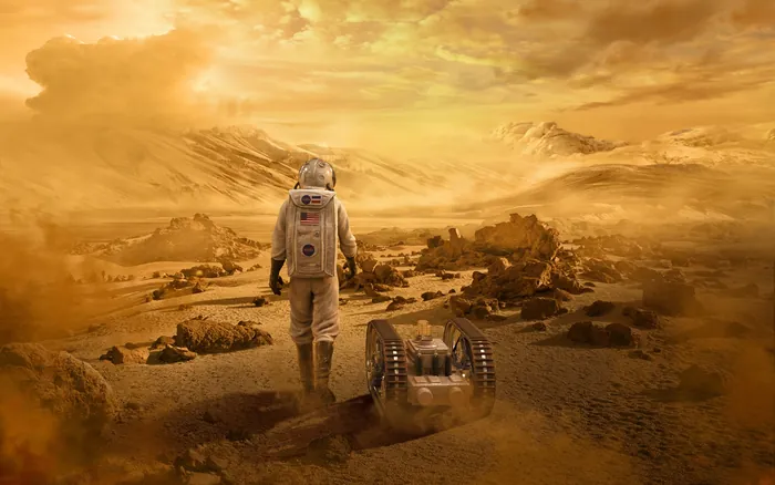 Astronaut walking on Mars with robotic rover under yellow sky by RIVE GAUCHE