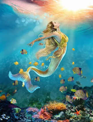 Underwater mermaid swimming with tropical fish by RIVE GAUCHE