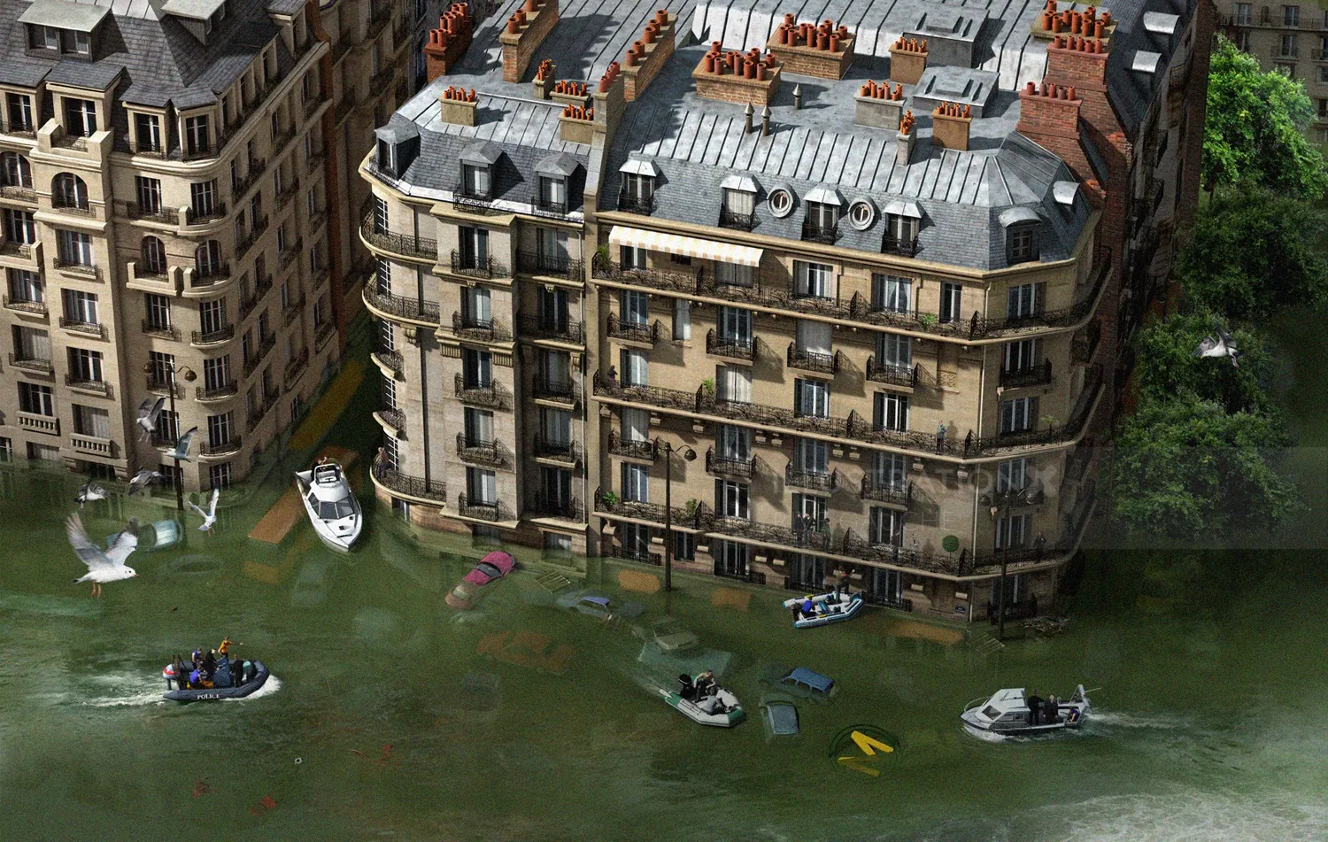 Flooded Parisian street scene with boats, by artist RIVE GAUCHE
