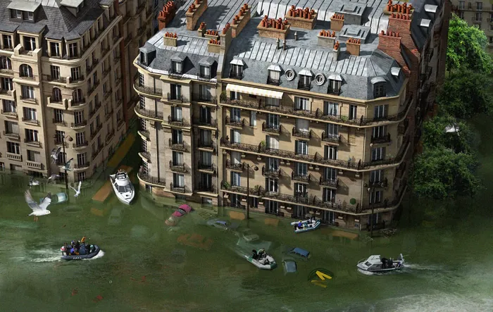 Flooded Parisian street scene with boats, by artist RIVE GAUCHE