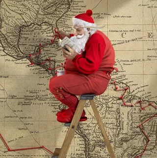Santa Claus sitting on ladder reading a book with map background by RIVE GAUCHE