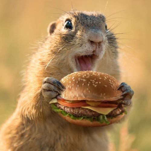Ground squirrel holding a cheeseburger outdoors, by RIVE GAUCHE