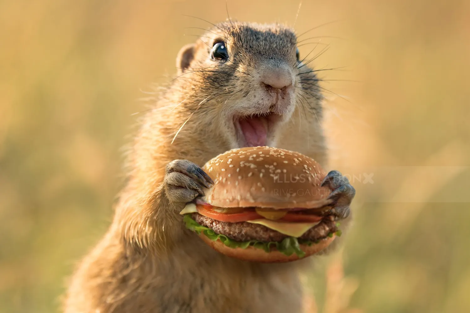 Ground squirrel holding a cheeseburger outdoors, by RIVE GAUCHE