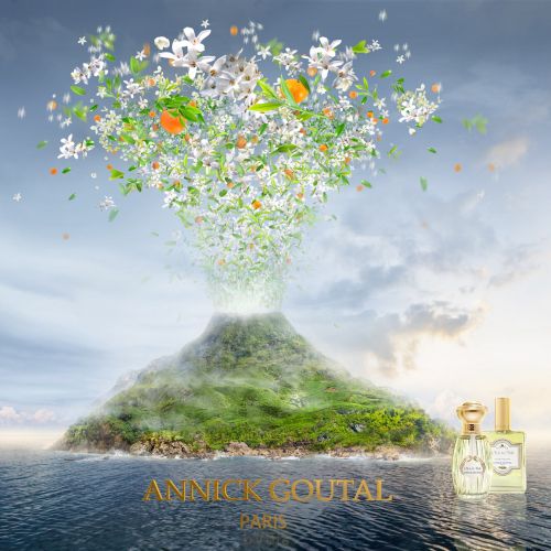 Volcanic island erupting flowers and butterflies with perfume bottles by RIVE GAUCHE