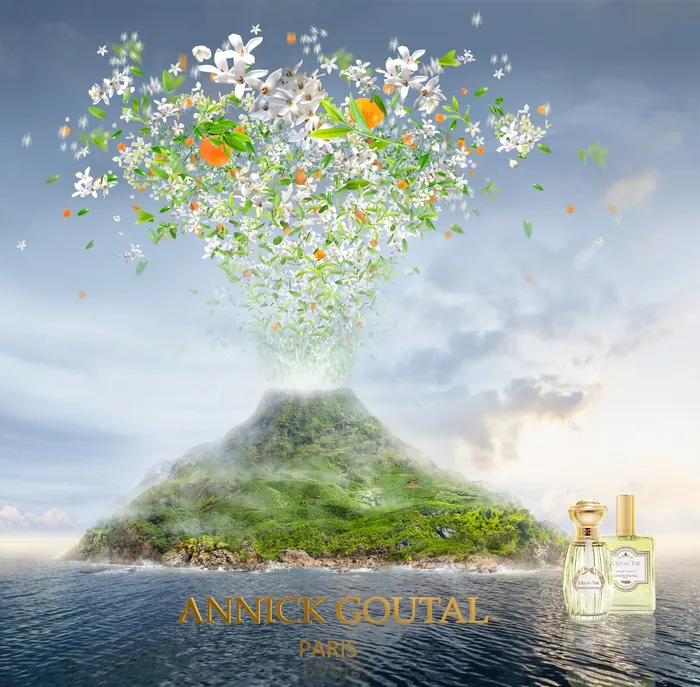 Volcanic island erupting flowers and butterflies with perfume bottles by RIVE GAUCHE