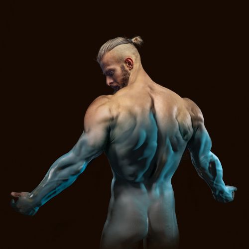 Muscular man posing sideways showing back muscles by RIVE GAUCHE