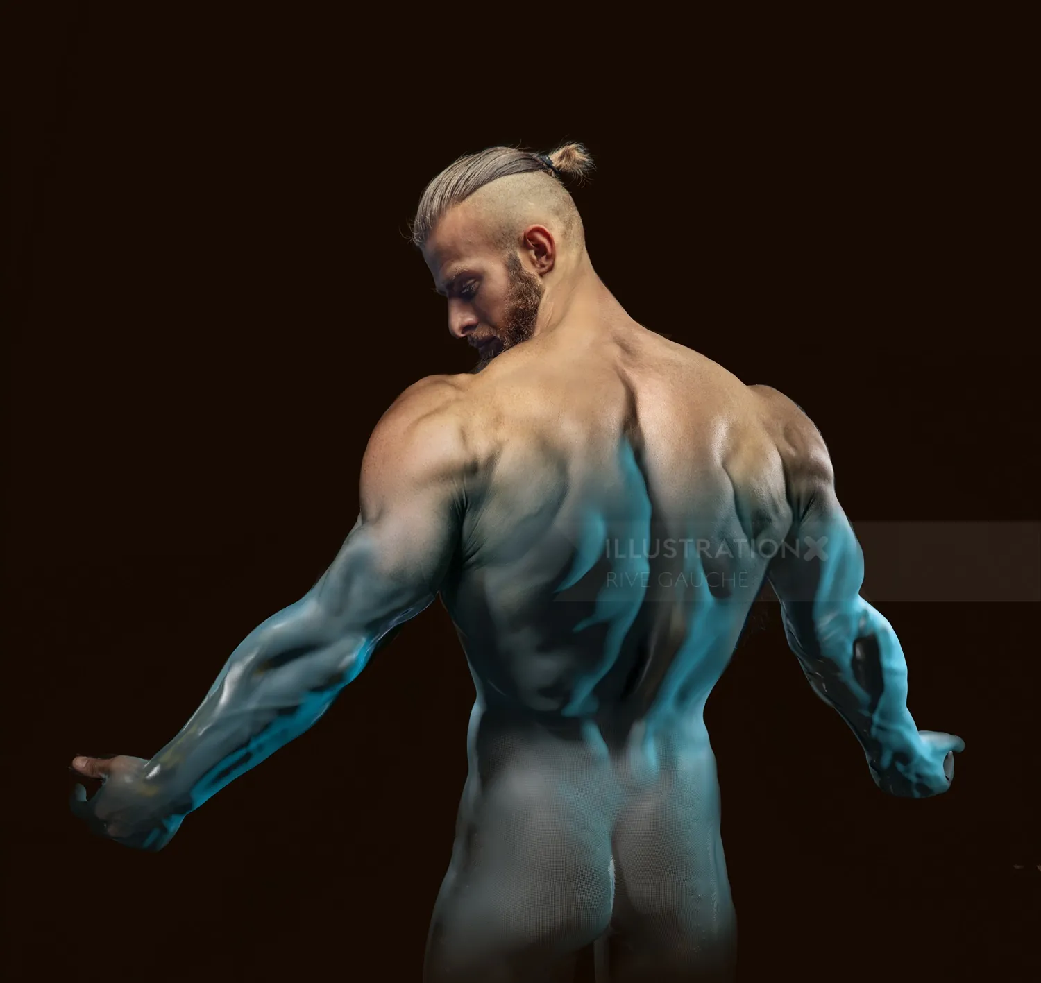 Muscular man posing sideways showing back muscles by RIVE GAUCHE
