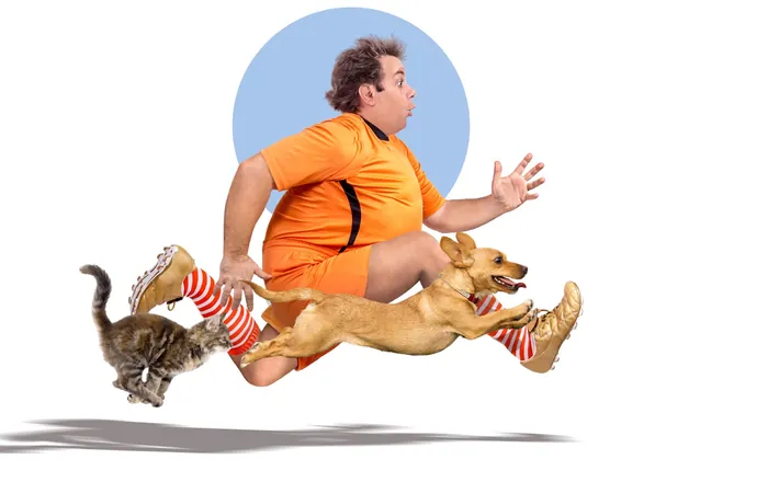 Man running with dog and cat, colorful outfit by RIVE GAUCHE