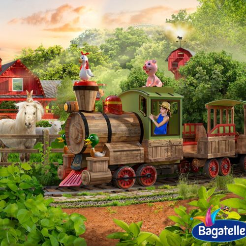 Wooden toy train with animals and child in farmyard, colorful sunset scene by RIVE GAUCHE