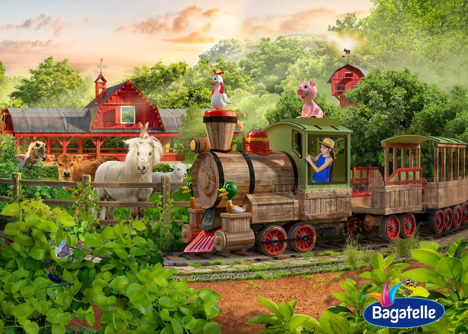 Wooden toy train with animals and child in farmyard, colorful sunset scene by RIVE GAUCHE
