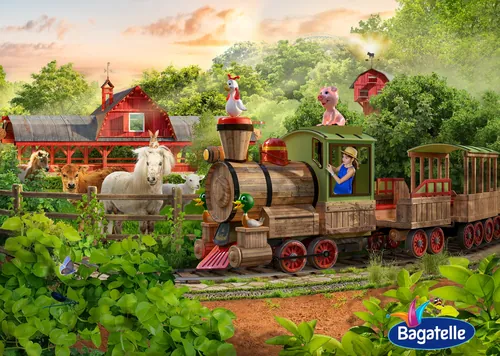 Wooden toy train with animals and child in farmyard, colorful sunset scene by RIVE GAUCHE