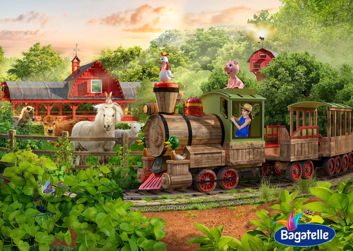 Wooden toy train with animals and child in farmyard, colorful sunset scene by RIVE GAUCHE