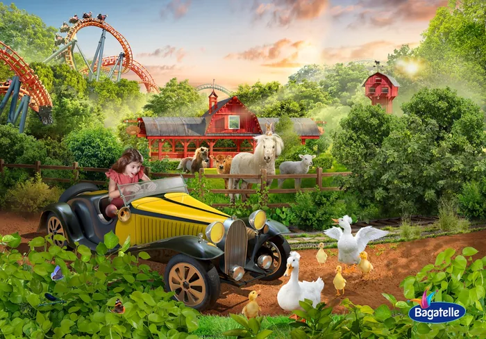 Vintage car near farm animals including ducks and horses by RIVE GAUCHE
