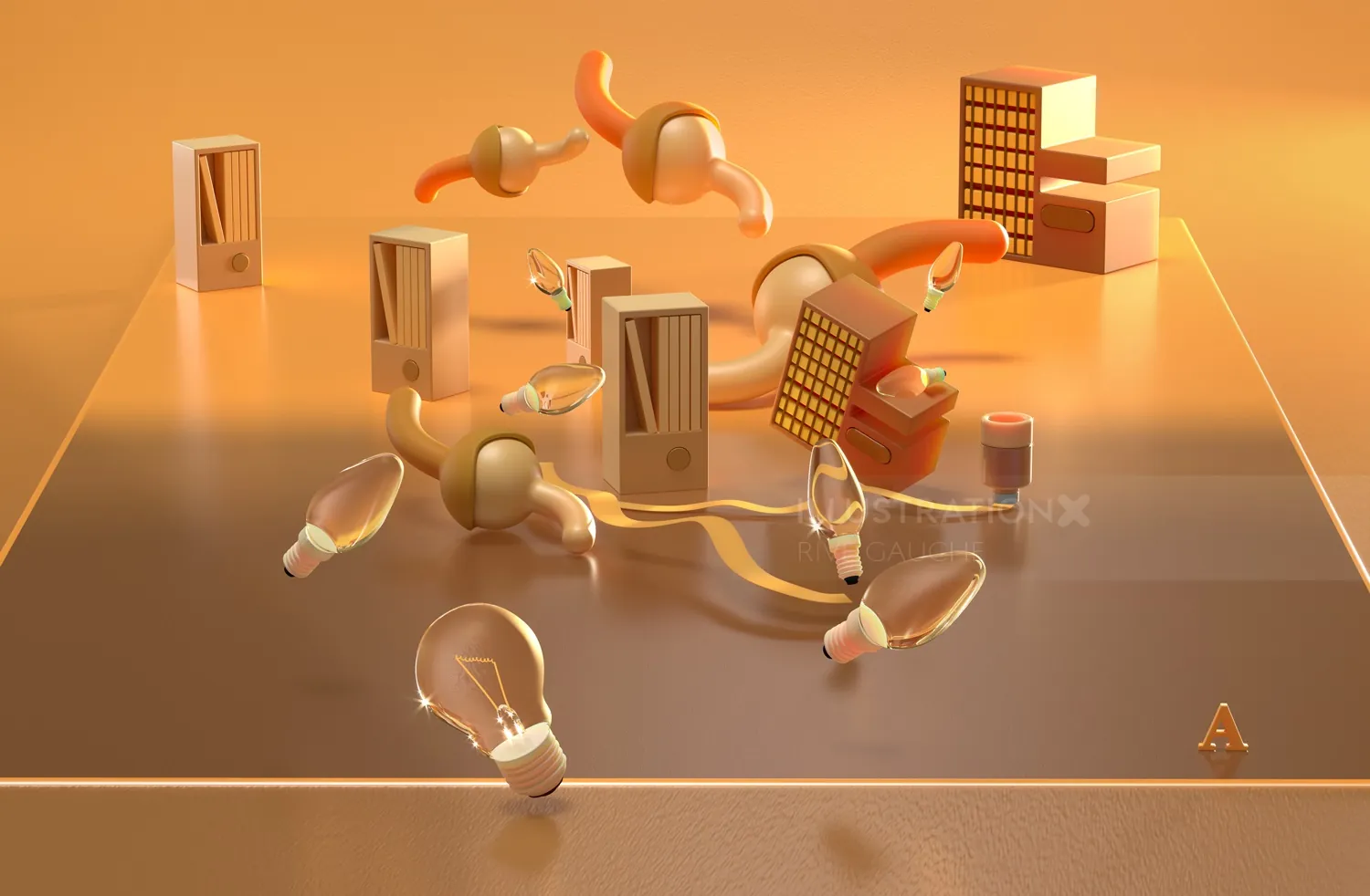 Surreal 3D light bulbs and abstract shapes on reflective surface by RIVE GAUCHE
