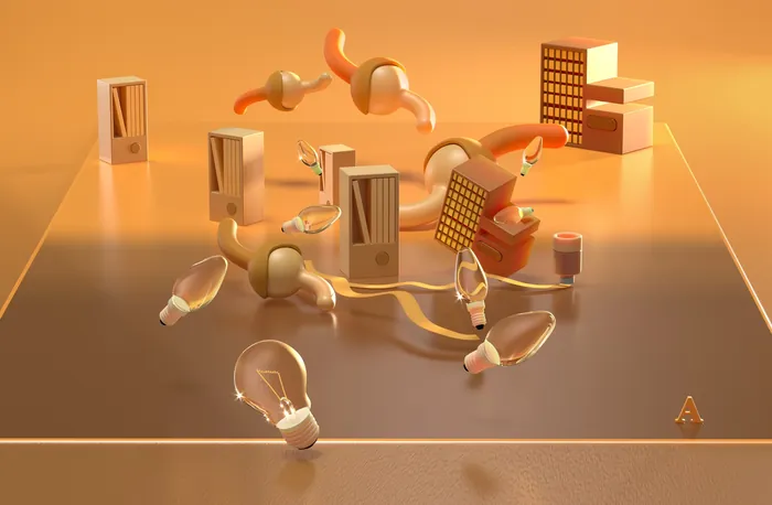 Surreal 3D light bulbs and abstract shapes on reflective surface by RIVE GAUCHE