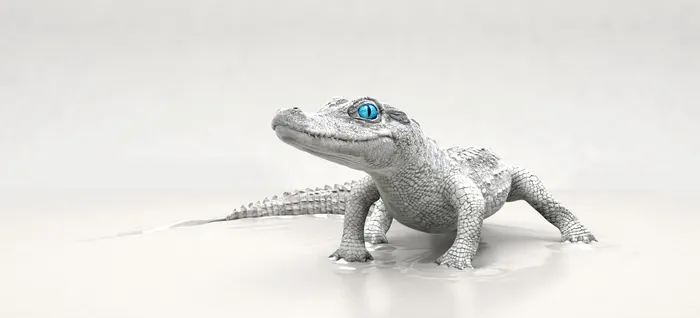 White crocodile sculpture with blue eyes by RIVE GAUCHE