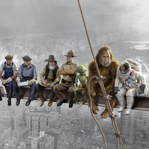 Various iconic fictional and historical figures sitting on a steel beam over a city by RIVE GAUCHE