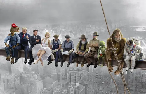 Various iconic fictional and historical figures sitting on a steel beam over a city by RIVE GAUCHE