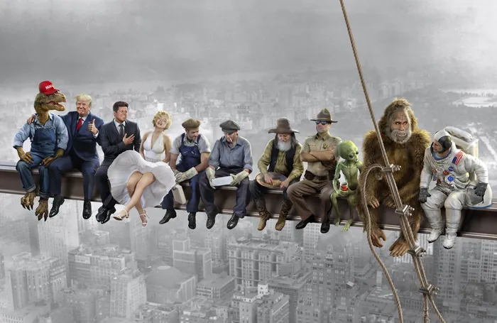 Various iconic fictional and historical figures sitting on a steel beam over a city by RIVE GAUCHE