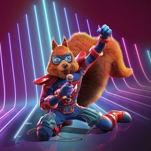 Superhero squirrel in costume holding microphone on neon-lit stage RIVE GAUCHE
