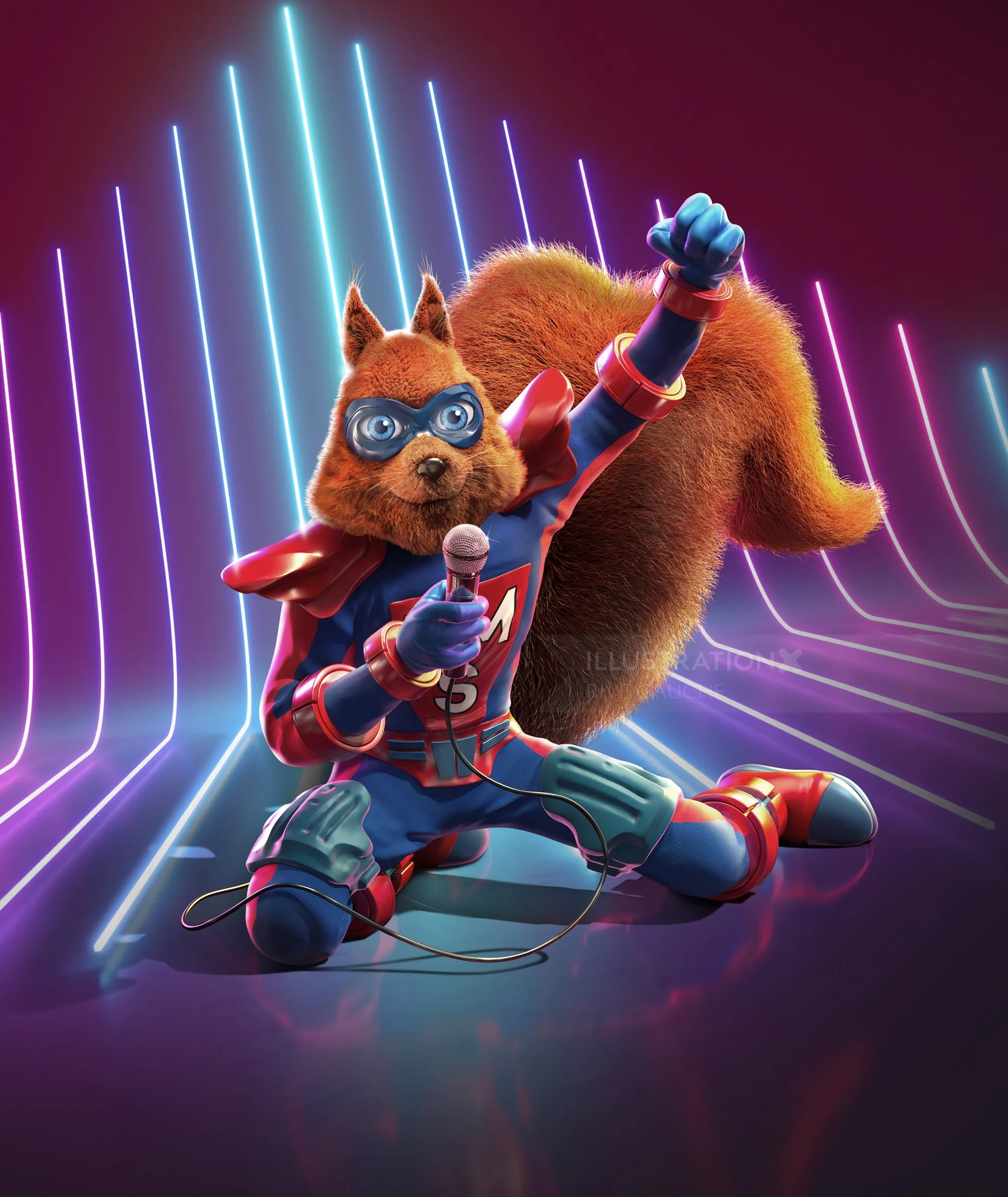 Superhero squirrel in costume holding microphone on neon-lit stage RIVE GAUCHE