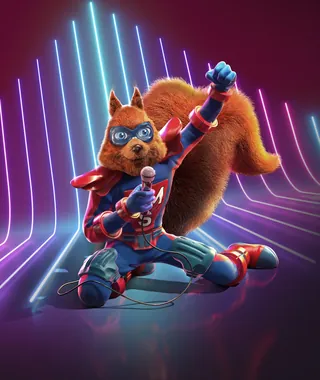 Superhero squirrel in costume holding microphone on neon-lit stage RIVE GAUCHE