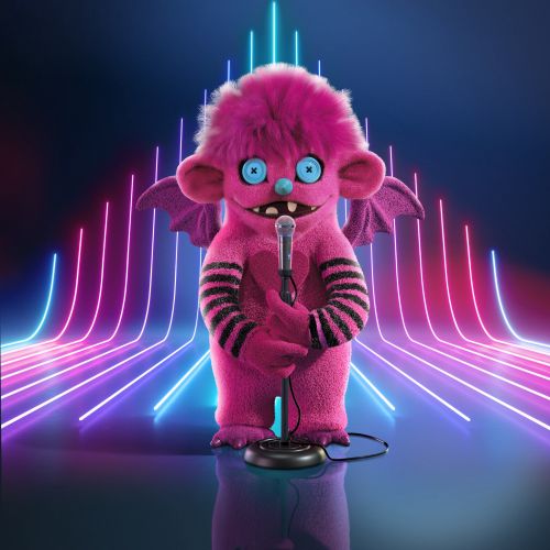 Pink monster singing on neon-lit stage, by RIVE GAUCHE