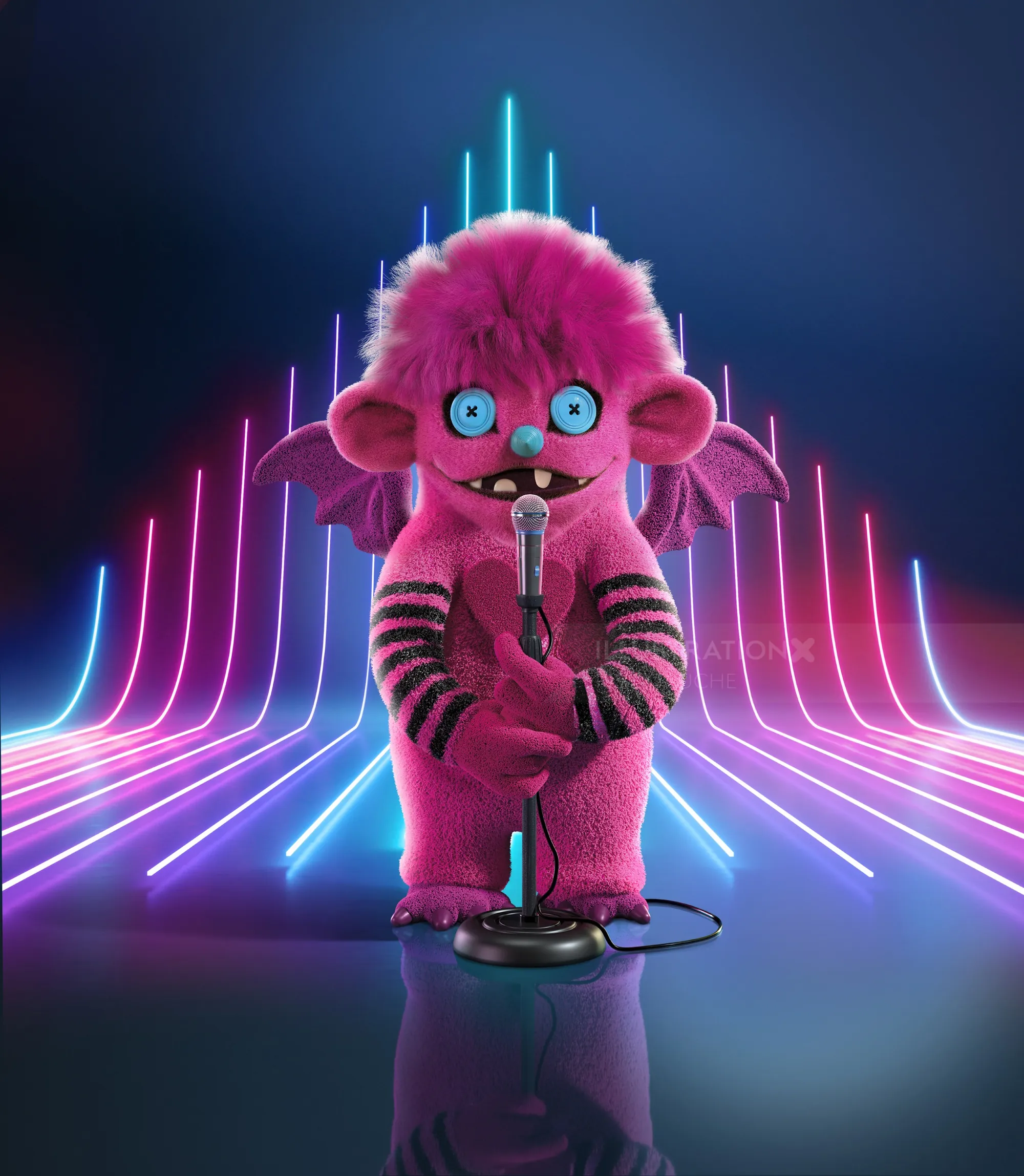 Pink monster singing on neon-lit stage, by RIVE GAUCHE