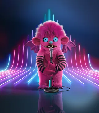 Pink monster singing on neon-lit stage, by RIVE GAUCHE