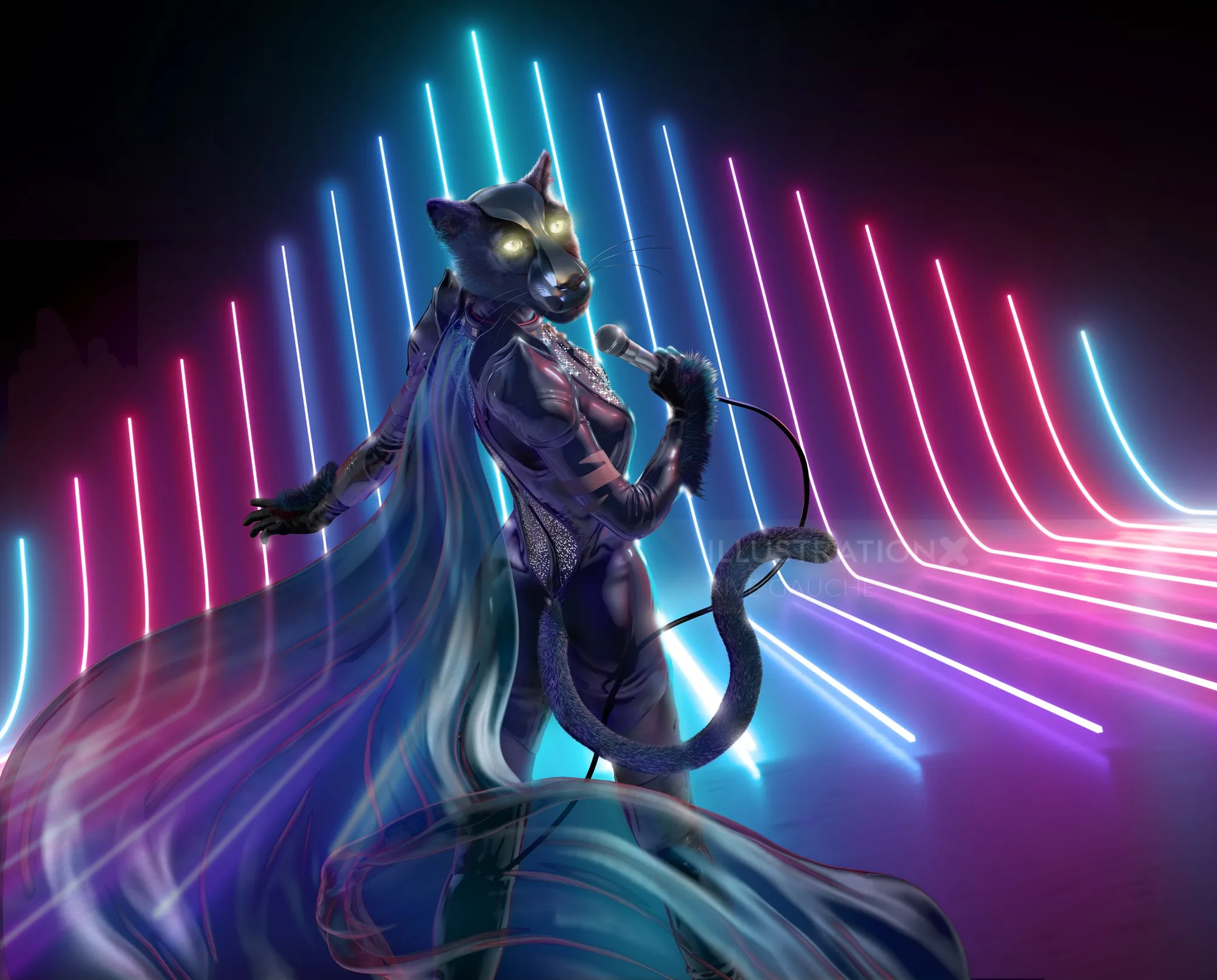 Futuristic cat woman singing with glowing eyes in neon light by RIVE GAUCHE