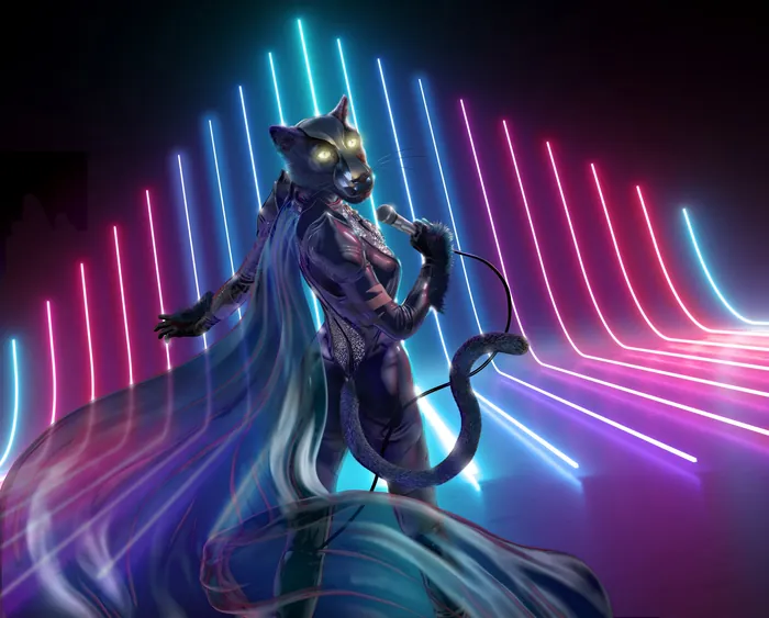 Futuristic cat woman singing with glowing eyes in neon light by RIVE GAUCHE