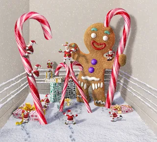 Candy cane boxing ring with gingerbread man and miniature Santas by RIVE GAUCHE