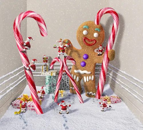 Candy cane boxing ring with gingerbread man and miniature Santas by RIVE GAUCHE
