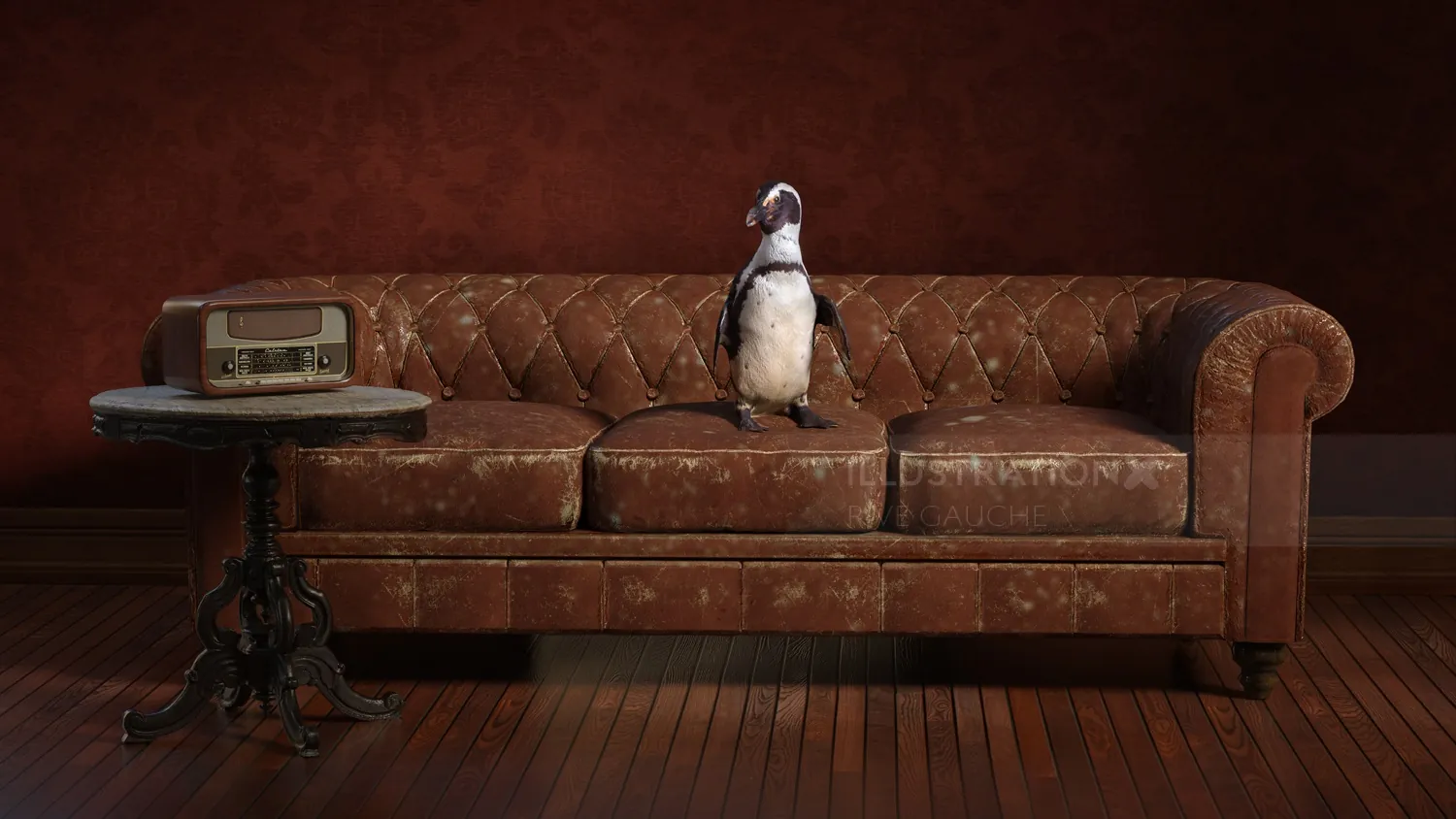 Penguin sitting on a brown vintage sofa beside an old radio art by RIVE GAUCHE