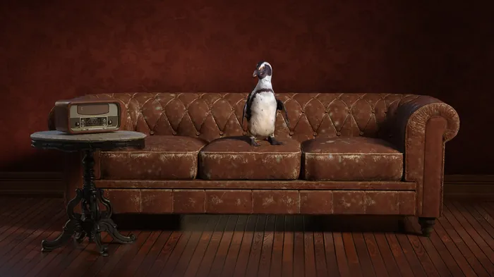 Penguin sitting on a brown vintage sofa beside an old radio art by RIVE GAUCHE