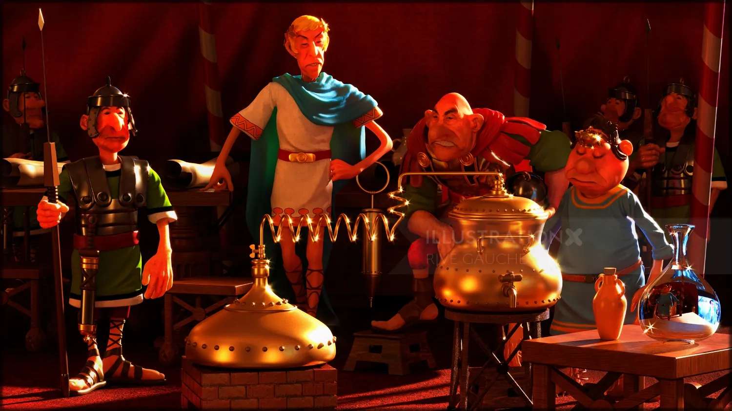 Medieval market puppet scene with brass vessels and characters, by RIVE GAUCHE