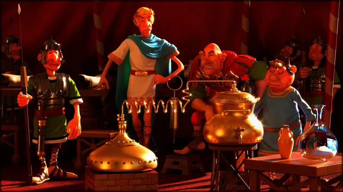 Medieval market puppet scene with brass vessels and characters, by RIVE GAUCHE