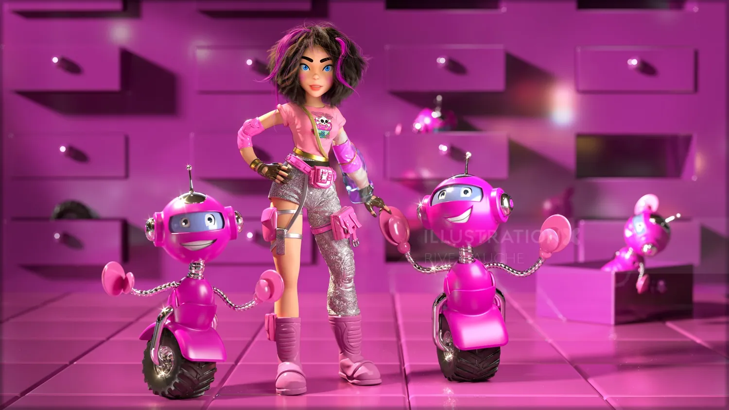Girl with pink robots in purple futuristic room by RIVE GAUCHE